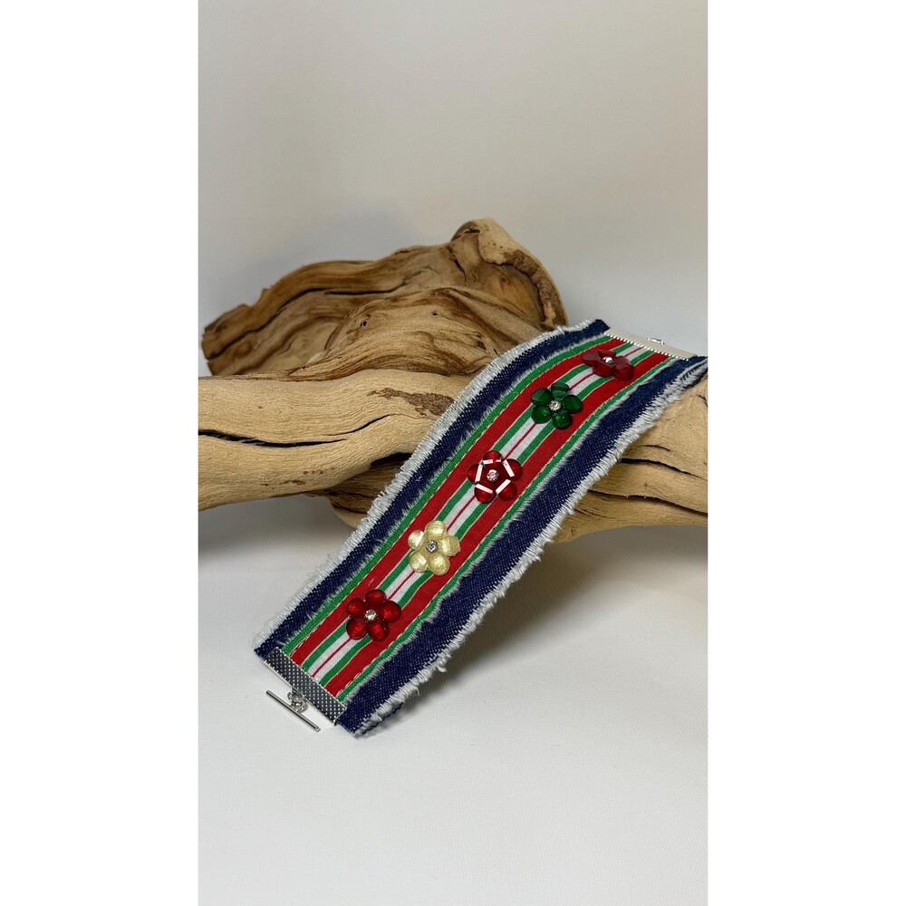 Handmade Textile Cuff Bracelet, Red Green White Striped Tiny Flower Jewelry,